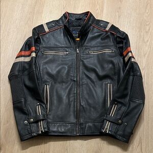Harley-Davidson Black Leather Jacket with Orange and Cream Stripes